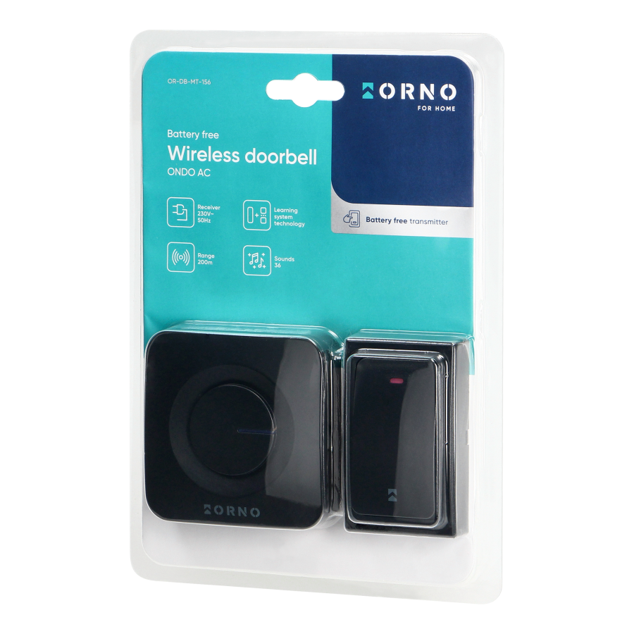 ONDO AC wireless mains-powered doorbell with battery-free button, learning system, 36 sounds, 200m, black